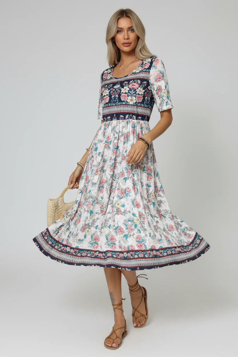 Robe Bohème Imprimée Femme | Col Rond Manches Courtes Poches Coupe Ample | ROBEMODE
