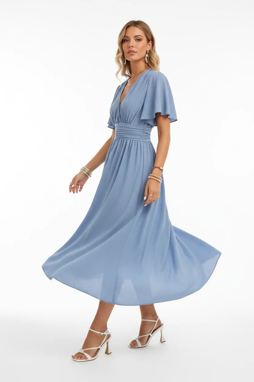Robe Fluide Femme à Volants Col V | Manches Papillon Mi-Longue Casual Été | ROBEMODE