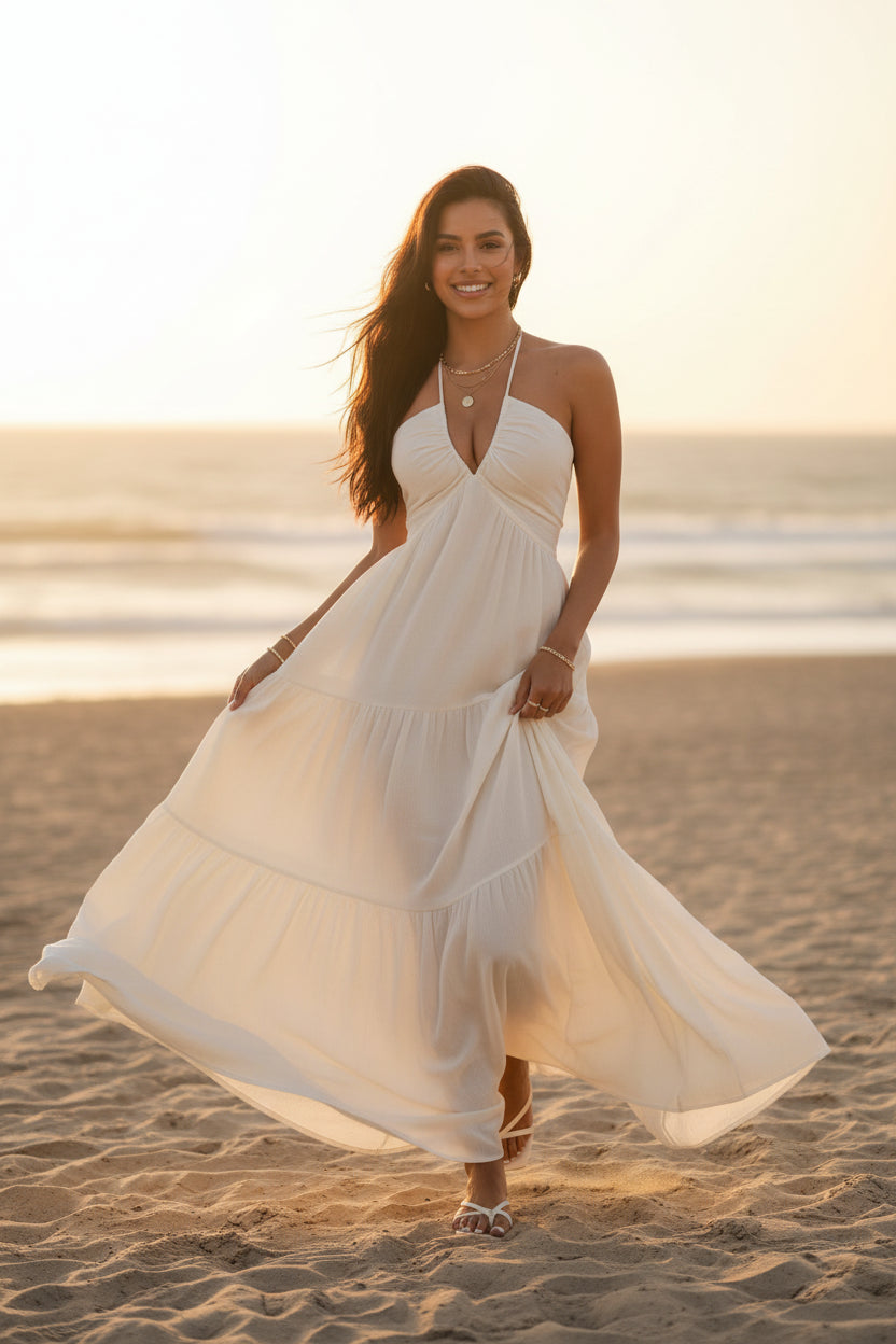 Robe de Plage Longue Dos Nu Col V Plissée | Sans Manches Coupe A-Line Cheville | ROBEMODE