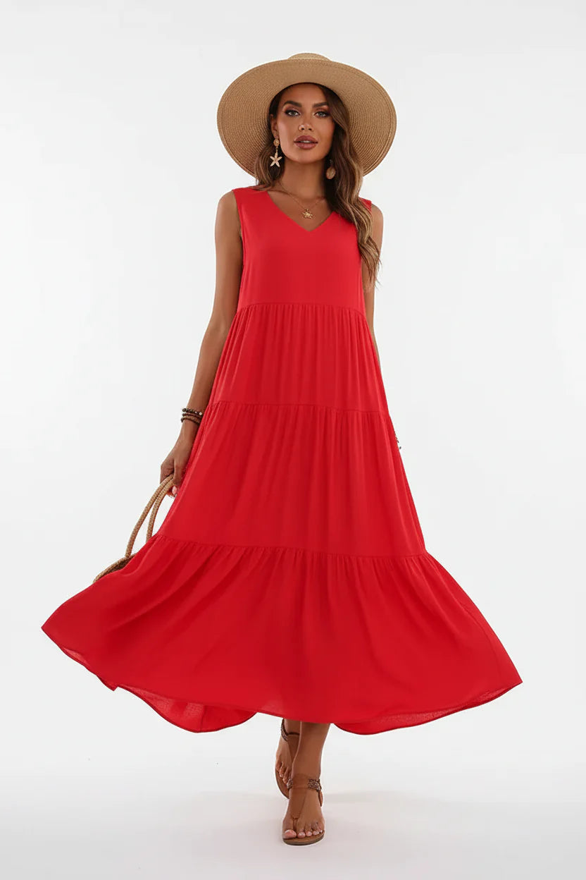 Robe Casual Chic Femme Sans Manches | Col V Mi-Mollet Coupe Ample Légère | ROBEMODE