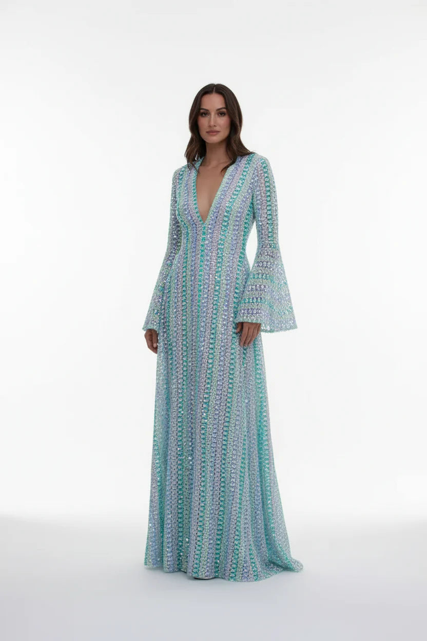 Robe Longue Sirène Femme Ajourée | Crochet Floral Col V Manches Évasées Élégante | ROBEMODE