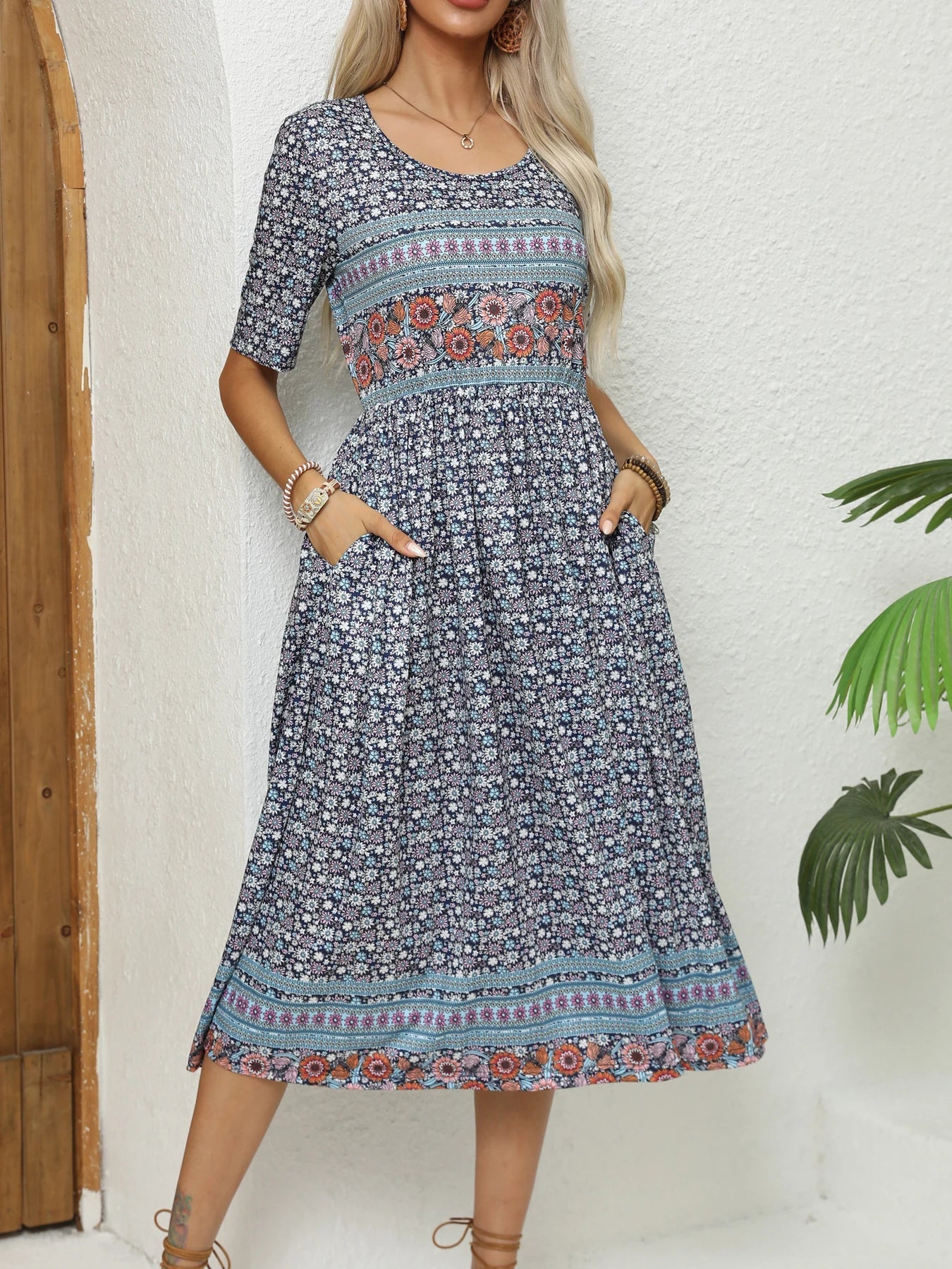 Robe Bohème Imprimée Femme | Col Rond Manches Courtes Poches Coupe Ample | ROBEMODE