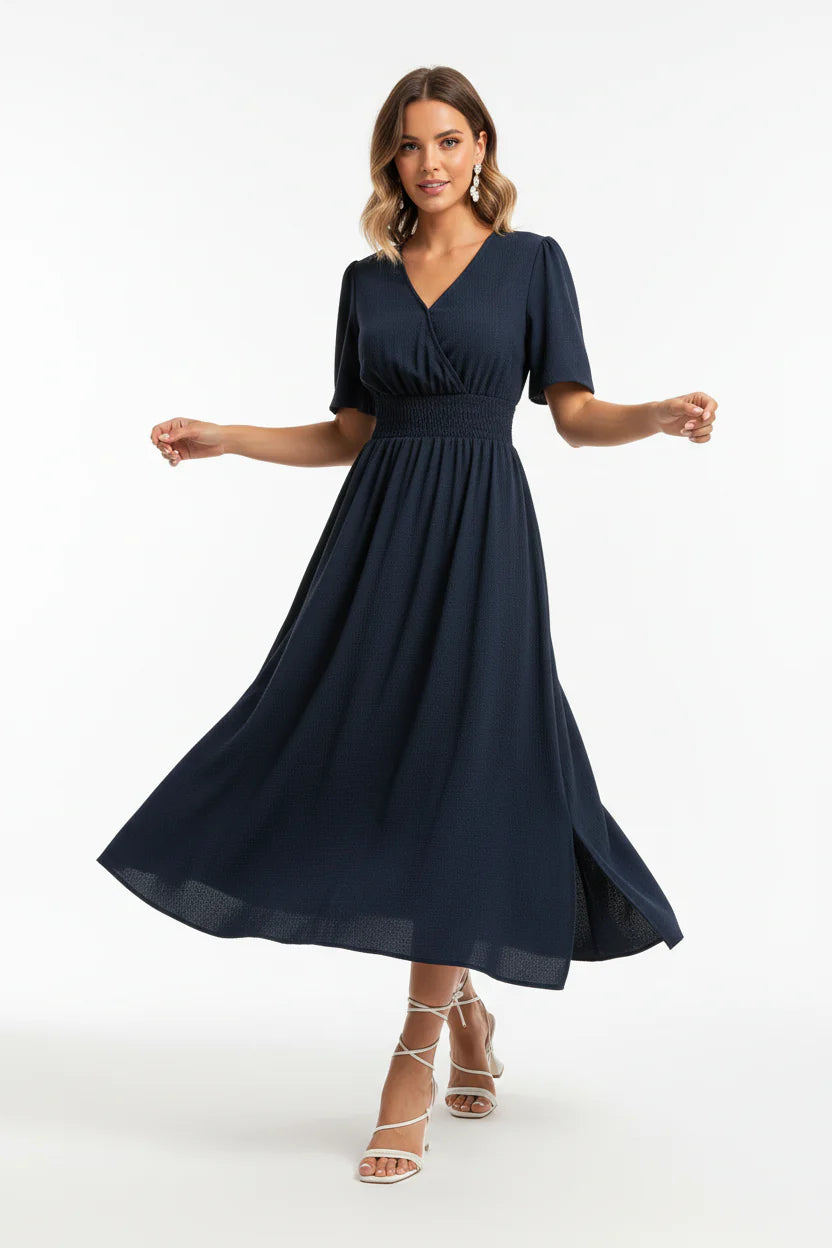 Robe fluide à volants pour femme – Modèle casual mi-long à col V, esprit été | ROBEMODE