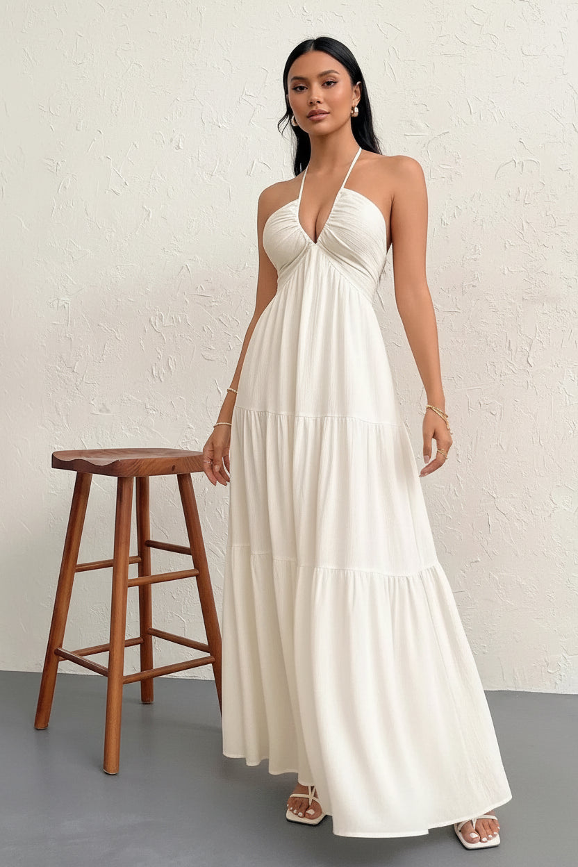 Robe de Plage Longue Dos Nu Col V Plissée | Sans Manches Coupe A-Line Cheville | ROBEMODE