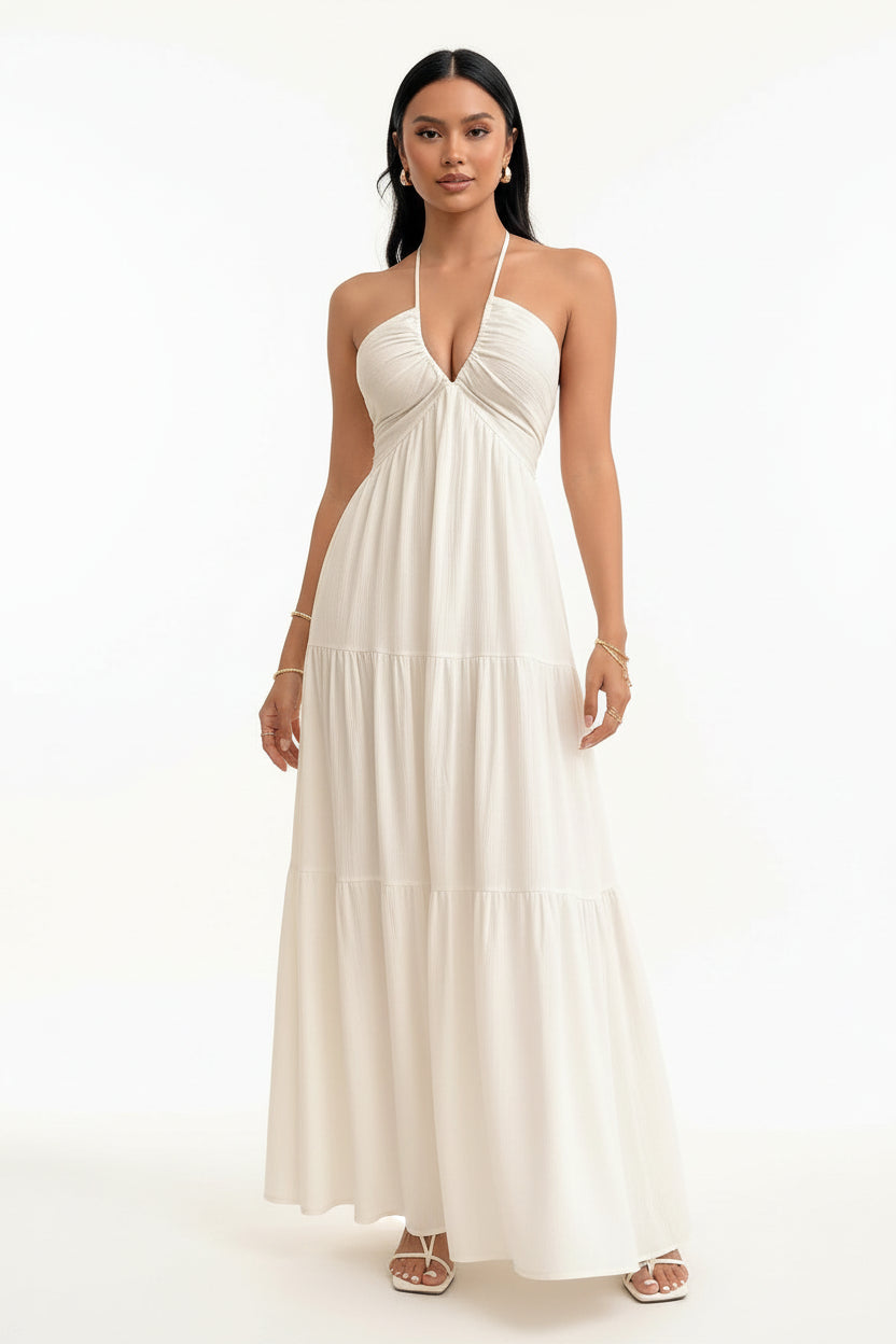 Robe de Plage Longue Dos Nu Col V Plissée | Sans Manches Coupe A-Line Cheville | ROBEMODE