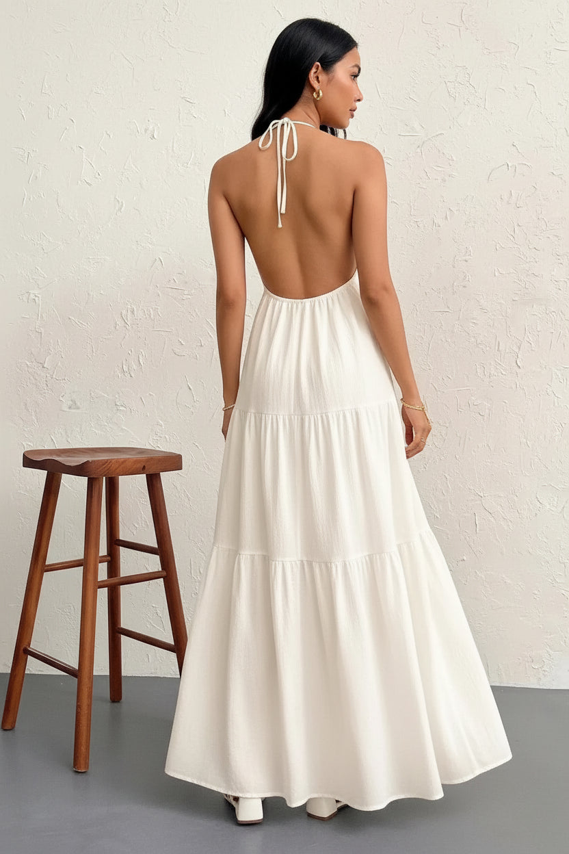 Robe de Plage Longue Dos Nu Col V Plissée | Sans Manches Coupe A-Line Cheville | ROBEMODE