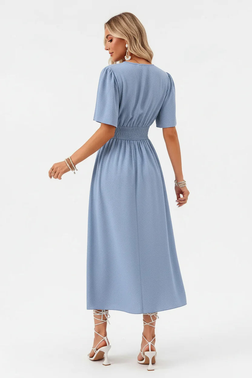 Robe fluide à volants pour femme – Modèle casual mi-long à col V, esprit été | ROBEMODE