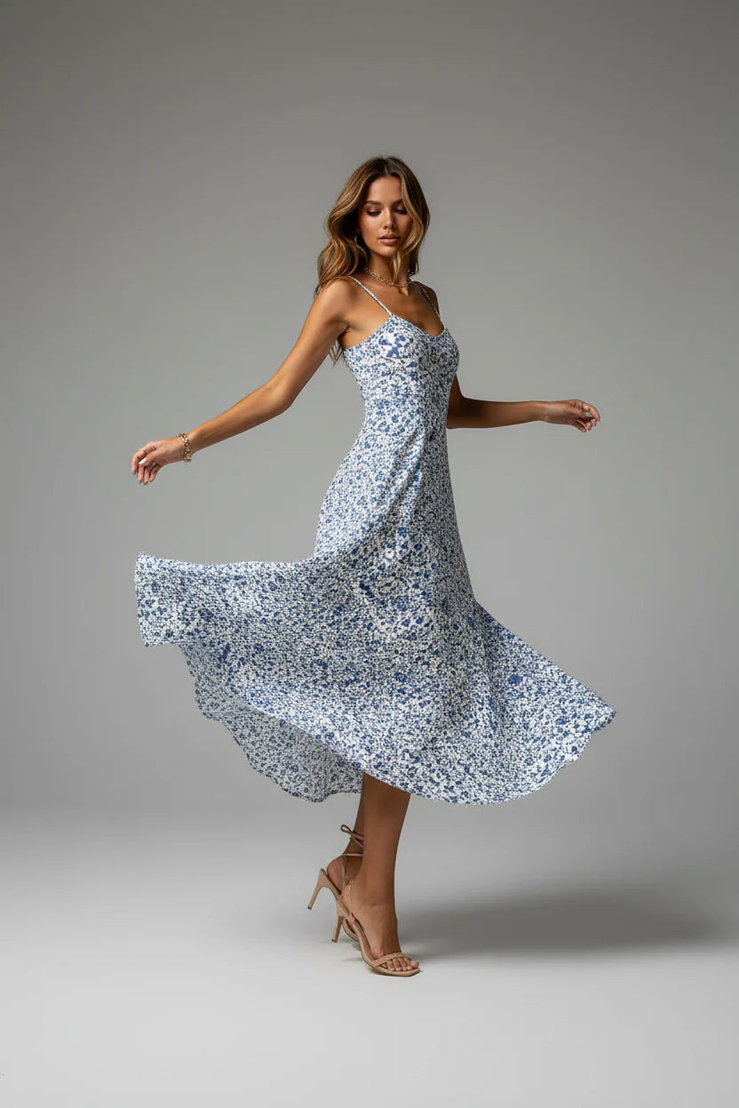 Robe Dos Nu Imprimée Femme | Bretelles Spaghetti Ajustée Longueur Genou Été | ROBEMODE