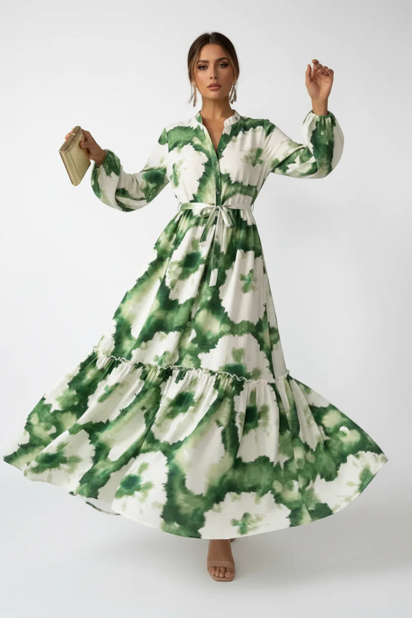 Robe Longue Bohème Femme Imprimée | Manches Longues Col V Laçage Fluide Été | ROBEMODE