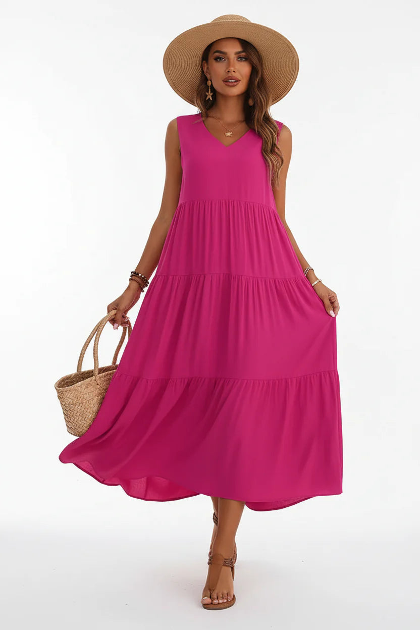 Robe Casual Chic Femme Sans Manches | Col V Mi-Mollet Coupe Ample Légère | ROBEMODE