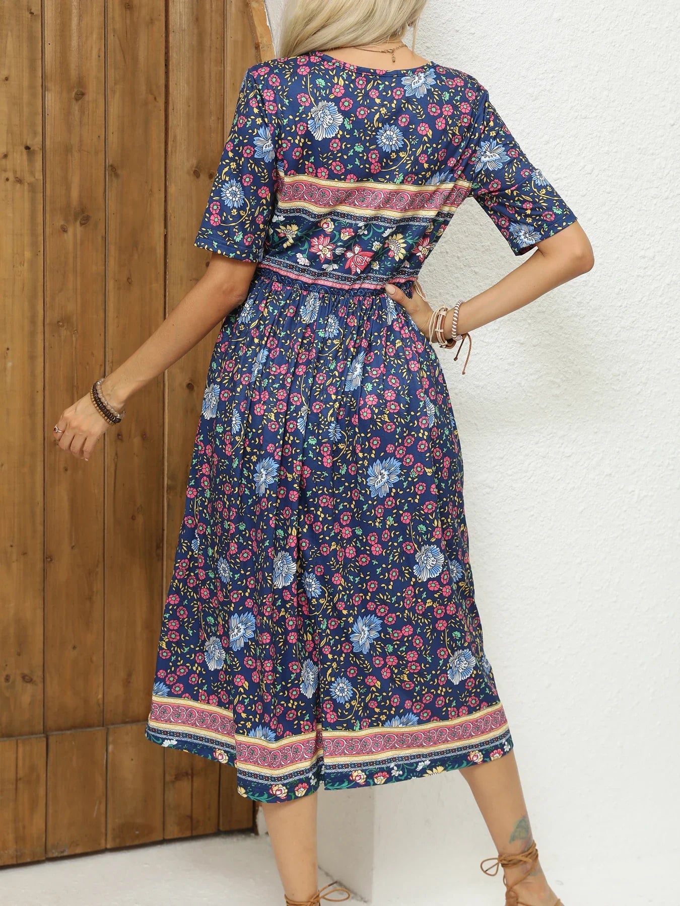 Robe Bohème Imprimée Femme | Col Rond Manches Courtes Poches Coupe Ample | ROBEMODE