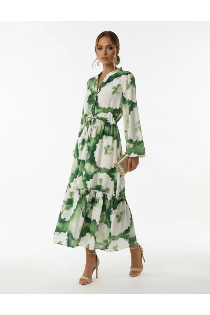 Robe Longue Bohème Femme Imprimée | Manches Longues Col V Laçage Fluide Été | ROBEMODE