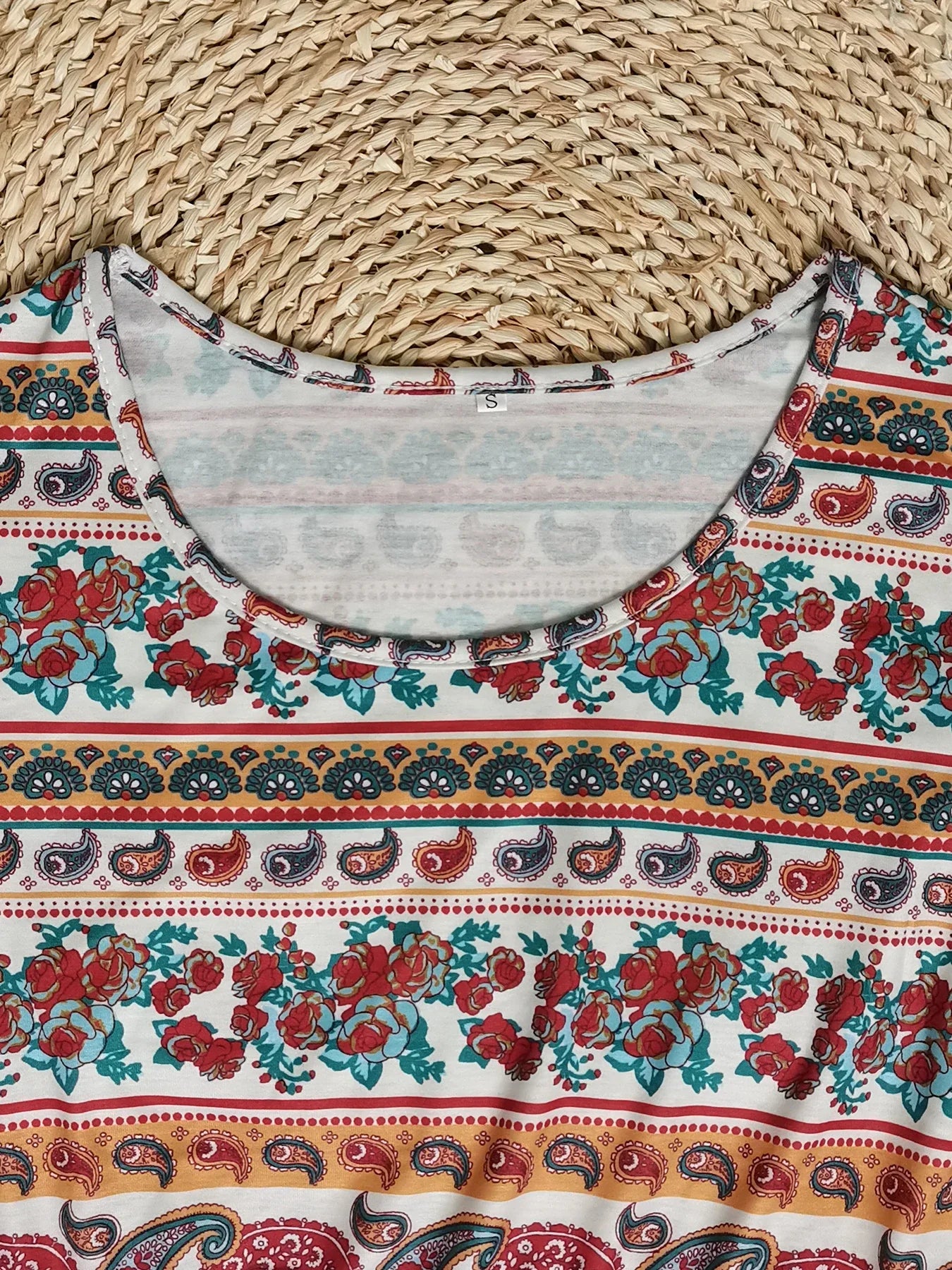Robe Bohème Imprimée Femme | Col Rond Manches Courtes Poches Coupe Ample | ROBEMODE