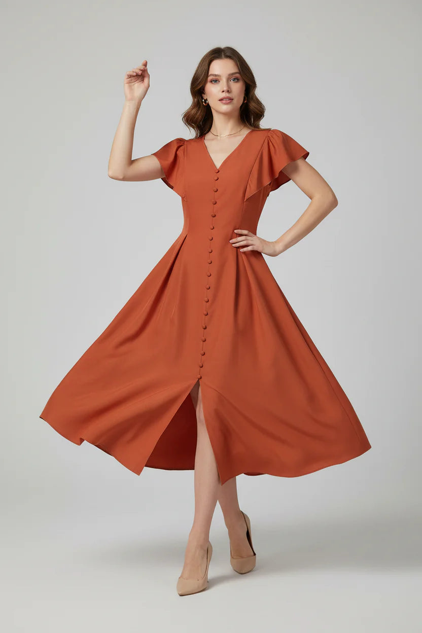 Robe casual élégante pour femme – Coupe fluide à col V et manches papillon | ROBEMODE