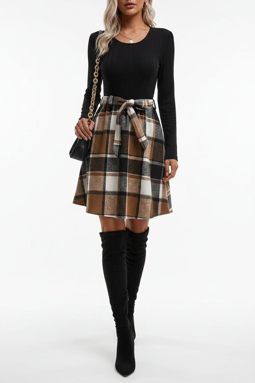 Robe noire femme manches longues avec jupe carreaux | ROBEMODE