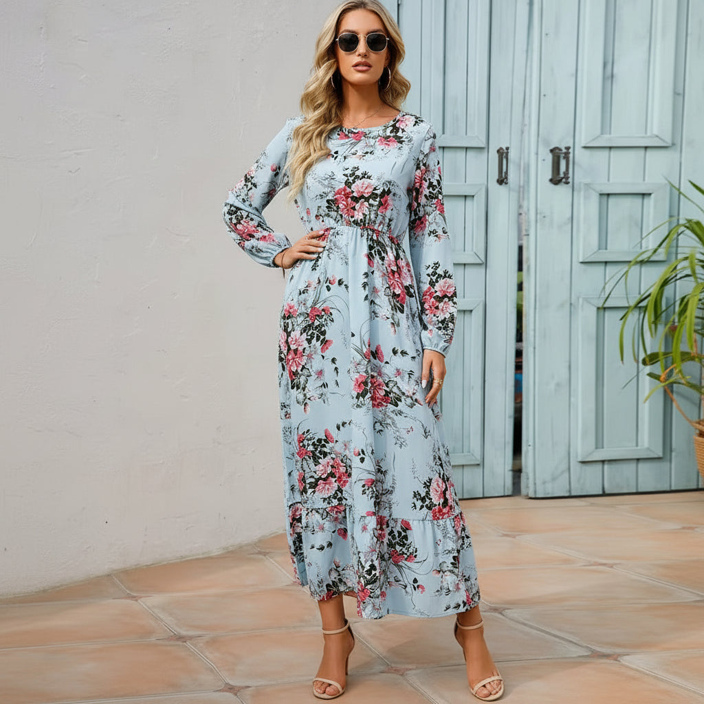 Robe longue en mousseline de soie pour femmes, style bohème décontracté, manches longues, taille haute, pour la plage, motif floral, automne