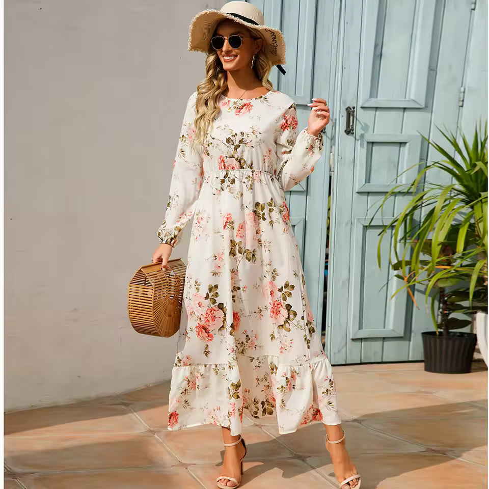 Robe longue en mousseline de soie pour femmes, style bohème décontracté, manches longues, taille haute, pour la plage, motif floral, automne