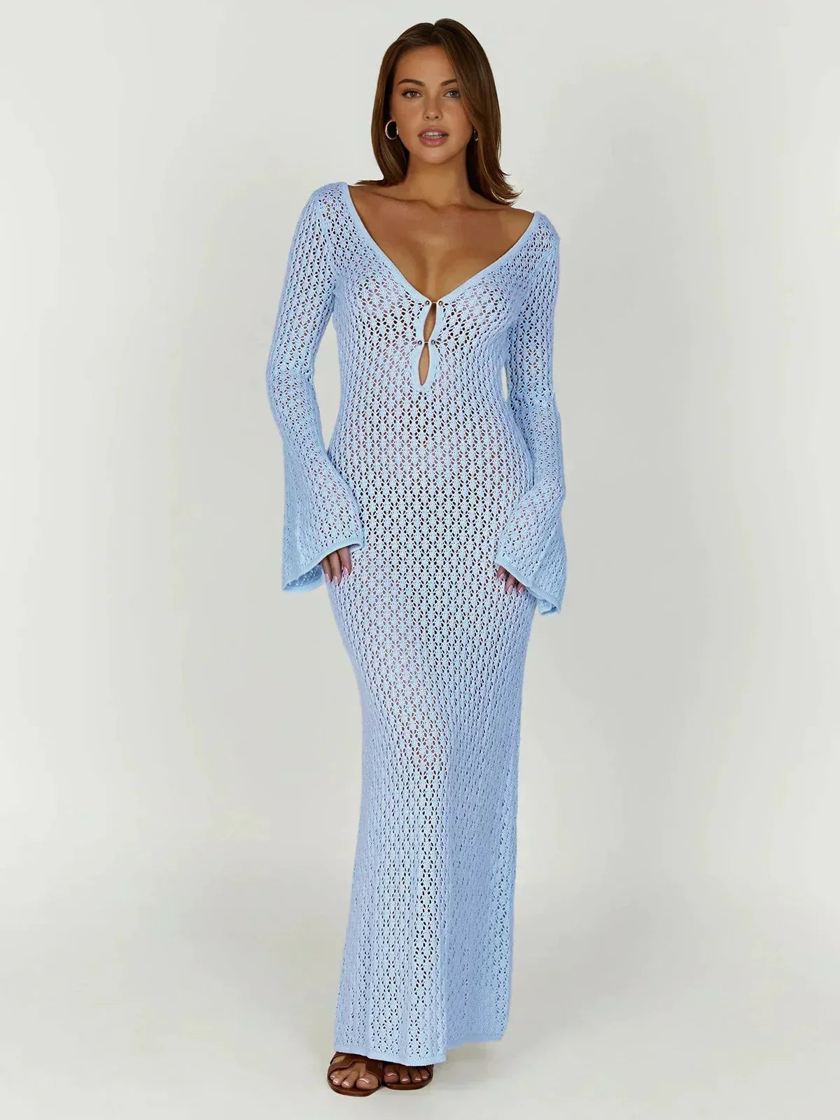 Maxi robe ajustée crochet manches longues col V