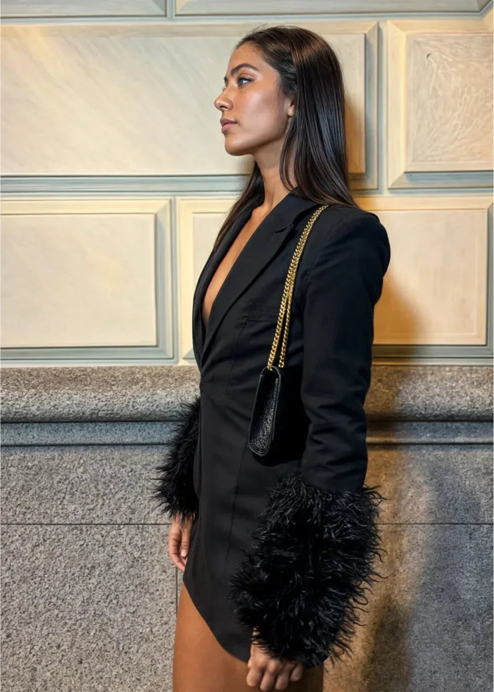 Mini Robe Noire Manches Texturées Soirée Clubbing