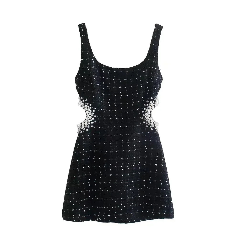 Mini Robe Noire Femme Perlée Découpes Soirée Élégante