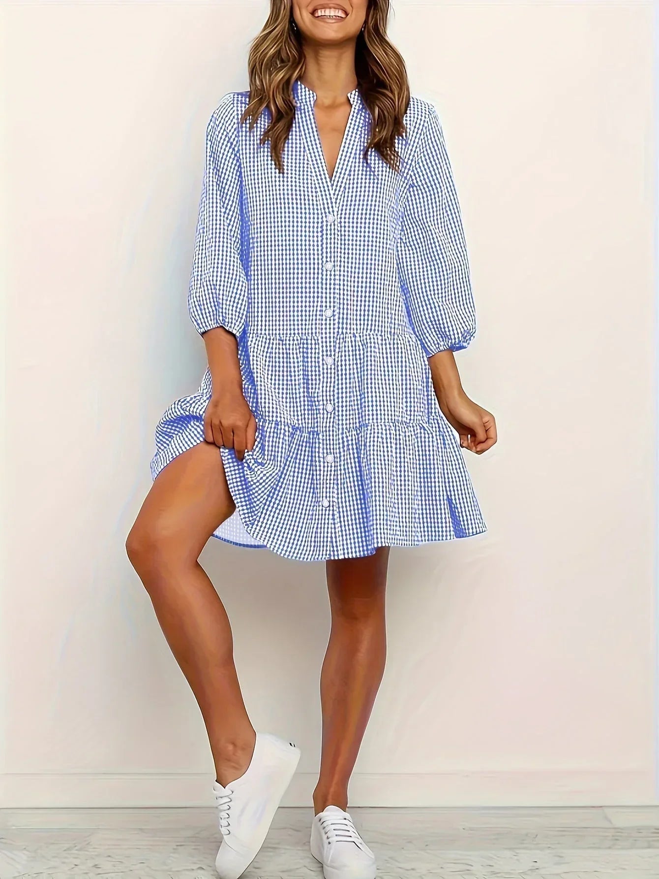 Robe Courte Vichy Femme Manches 3/4 Col Boutonné Printemps Été | ROBEMODE