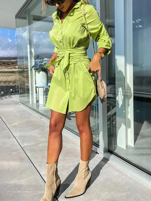Robe Chemise Courte Ceinturée Manches Ajustables 5 Coloris