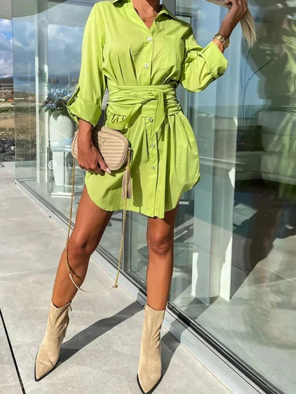 Robe Chemise Courte Ceinturée Manches Ajustables 5 Coloris