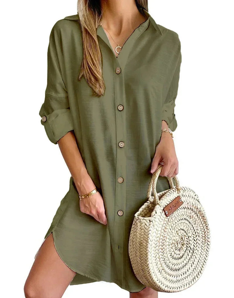 Robe Chemise Femme Boutonnée Col Classique Manches Longues | ROBEMODE