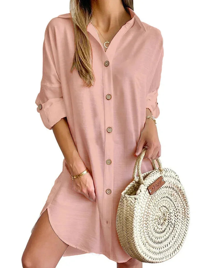 Robe Chemise Femme Boutonnée Col Classique Manches Longues | ROBEMODE