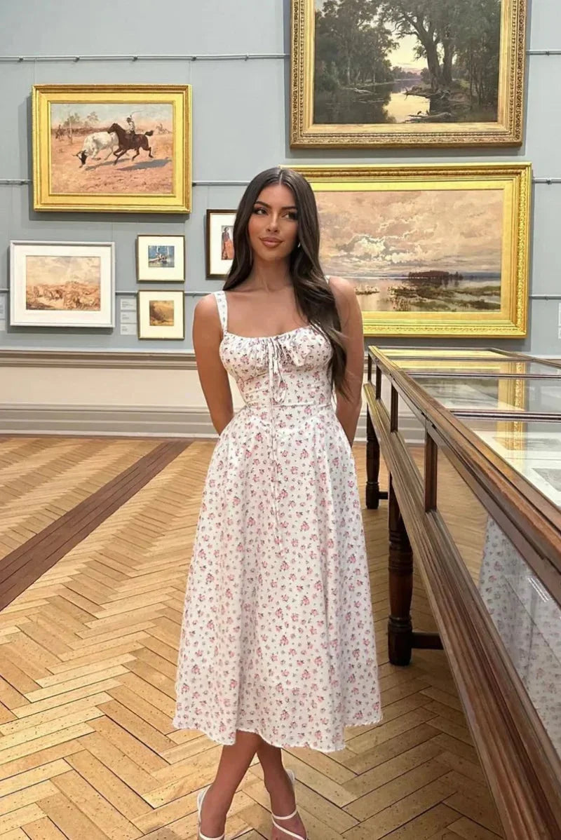 Robe midi blanche à fleurs avec bretelles corset | ROBEMODE