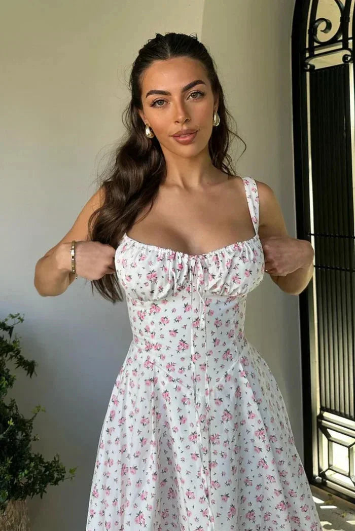 Robe midi blanche à fleurs avec bretelles corset | ROBEMODE