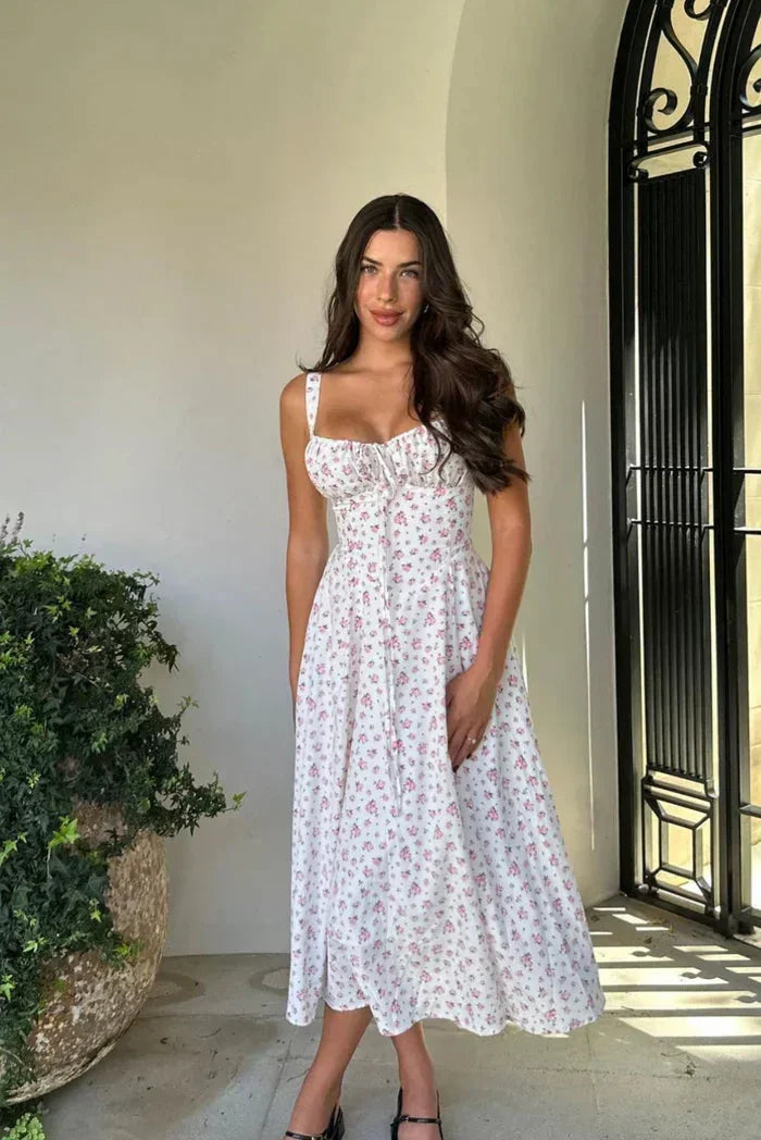 Robe midi blanche à fleurs avec bretelles corset | ROBEMODE