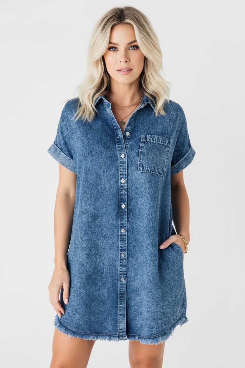 Robe Courte Femme Denim Bleu Boutonnée Manches Courtes | ROBEMODE