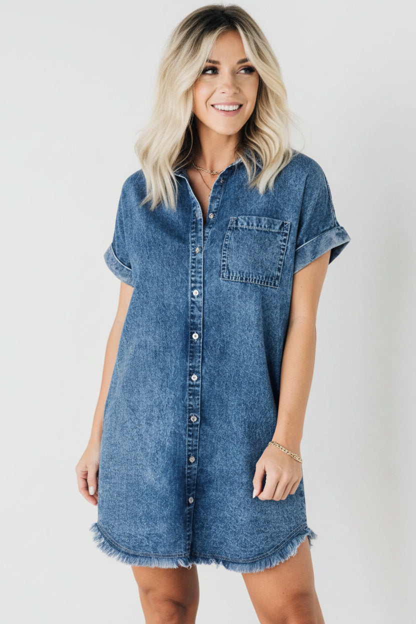 Robe Courte Femme Denim Bleu Boutonnée Manches Courtes | ROBEMODE