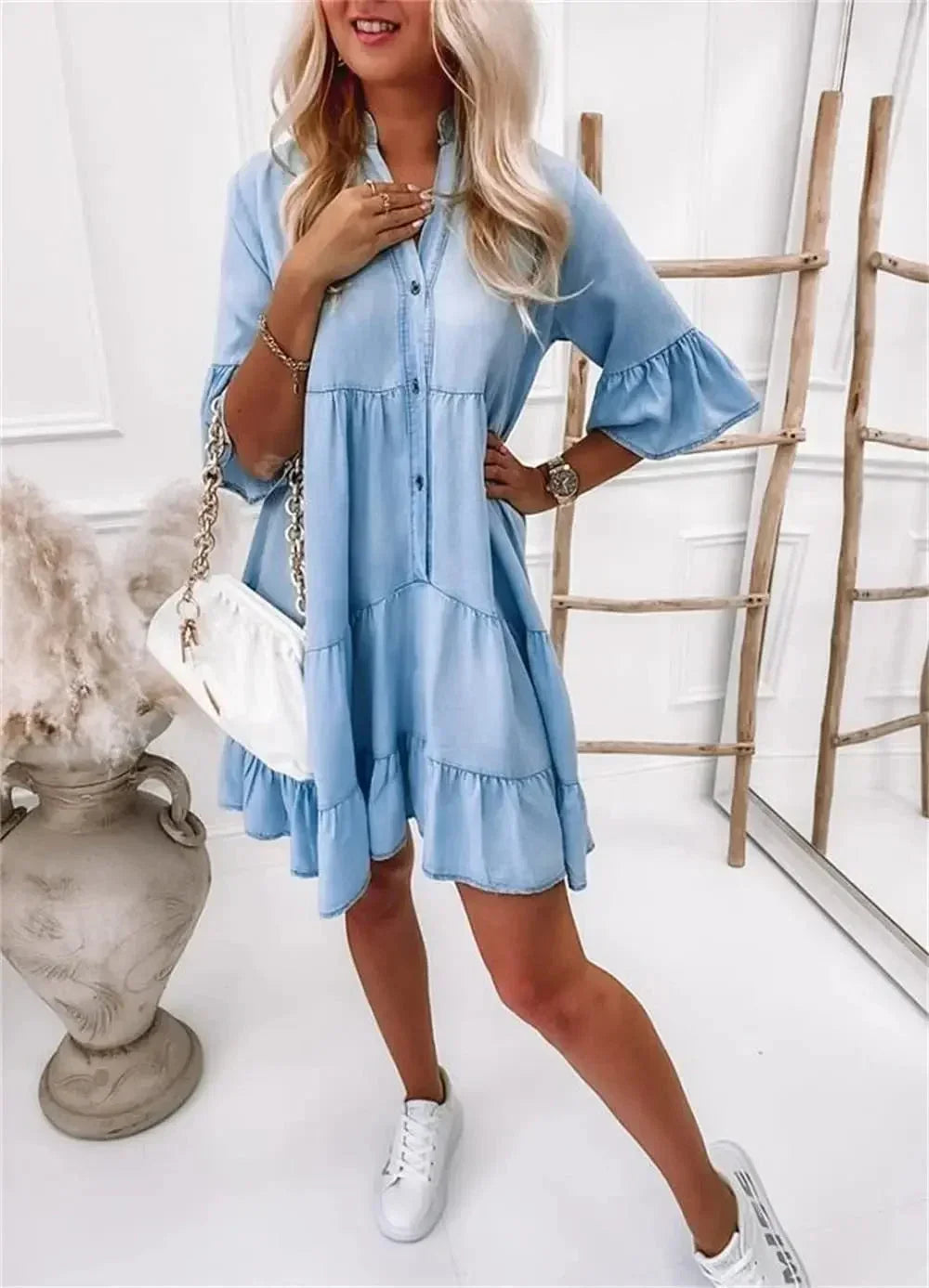 Robe Courte Denim Bleu Clair Volants Manches 3/4 1 Coloris | ROBEMODE