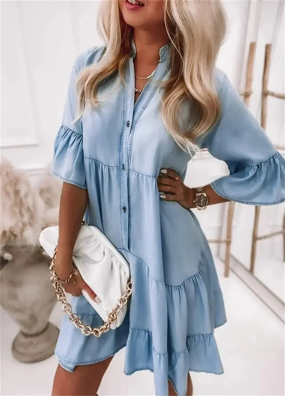Robe Courte Denim Bleu Clair Volants Manches 3/4 1 Coloris | ROBEMODE