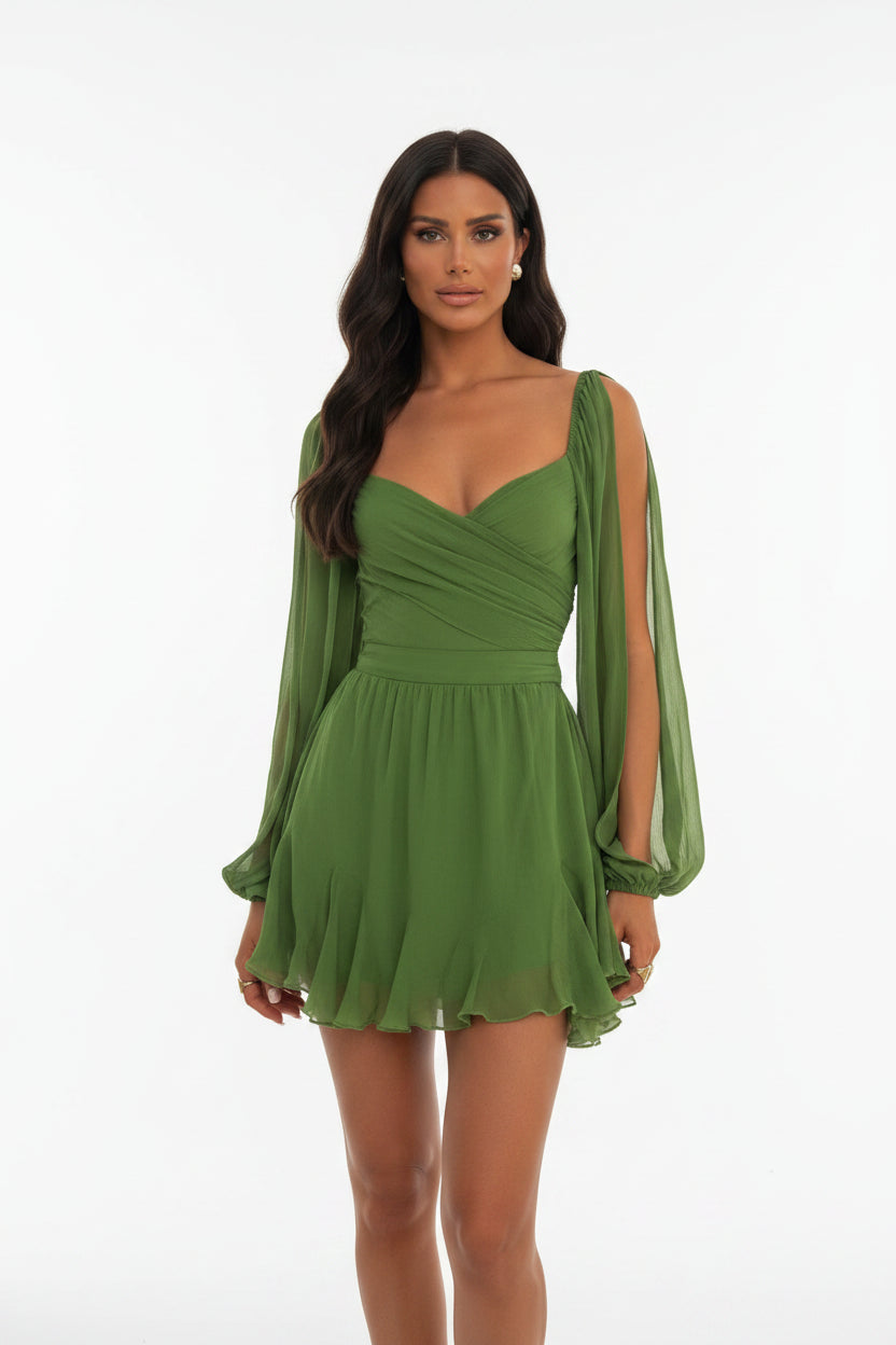 Robe Courte Femme Manches Longues Fluides Ourlet Volanté | ROBEMODE