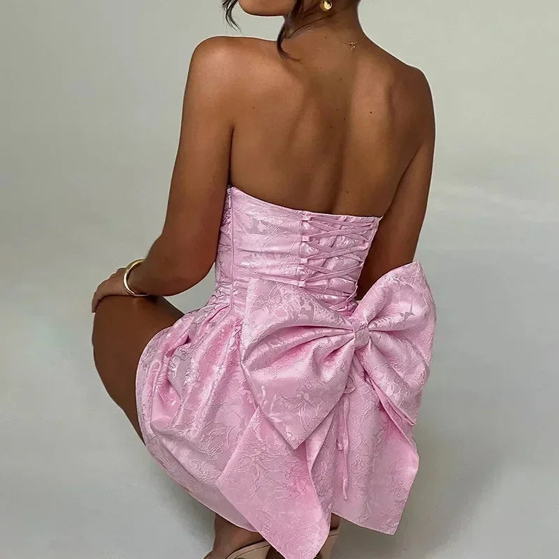Robe Courte Bustier Dos Lacé à Nœud | Rose ou Blanc + Romantique + XS-L | ROBEMODE