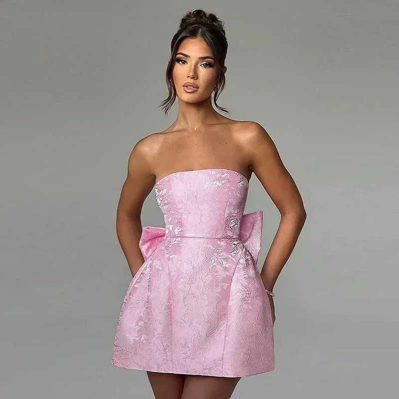 Robe Courte Bustier Dos Lacé à Nœud | Rose ou Blanc + Romantique + XS-L | ROBEMODE