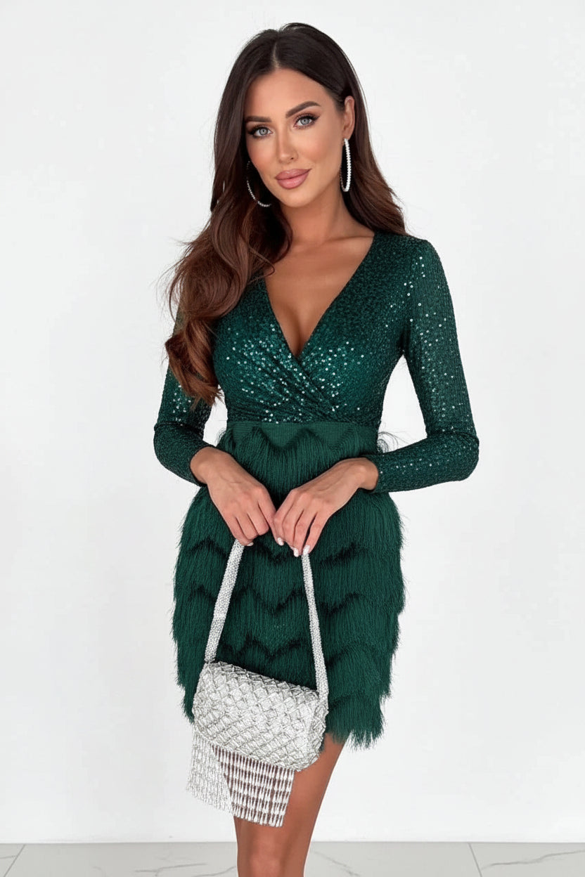 Robe Courte Sequins Manches Longues | Or Vert Noir Rose + Glamour + Fêtes S-XL | ROBEMODE