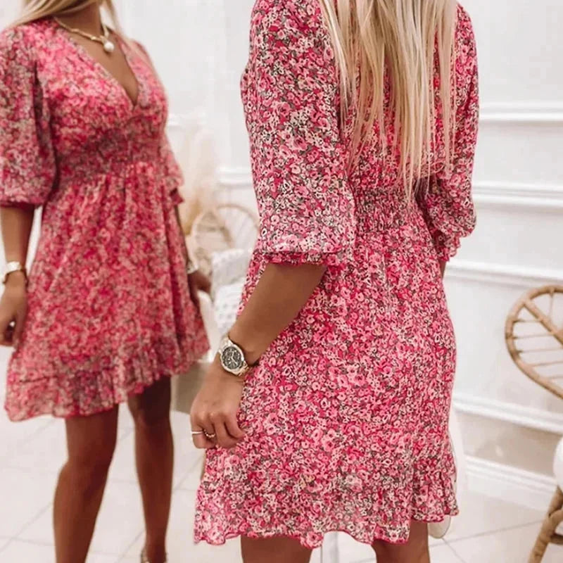 Robe Courte Florale Col V Manches Évasées 3 Coloris | ROBEMODE