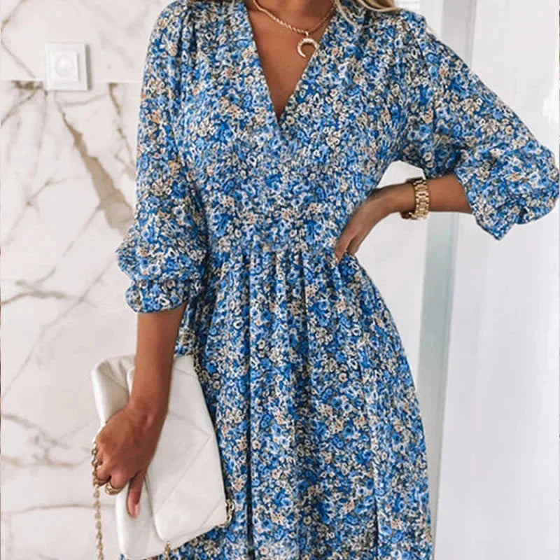 Robe Courte Florale Col V Manches Évasées 3 Coloris | ROBEMODE