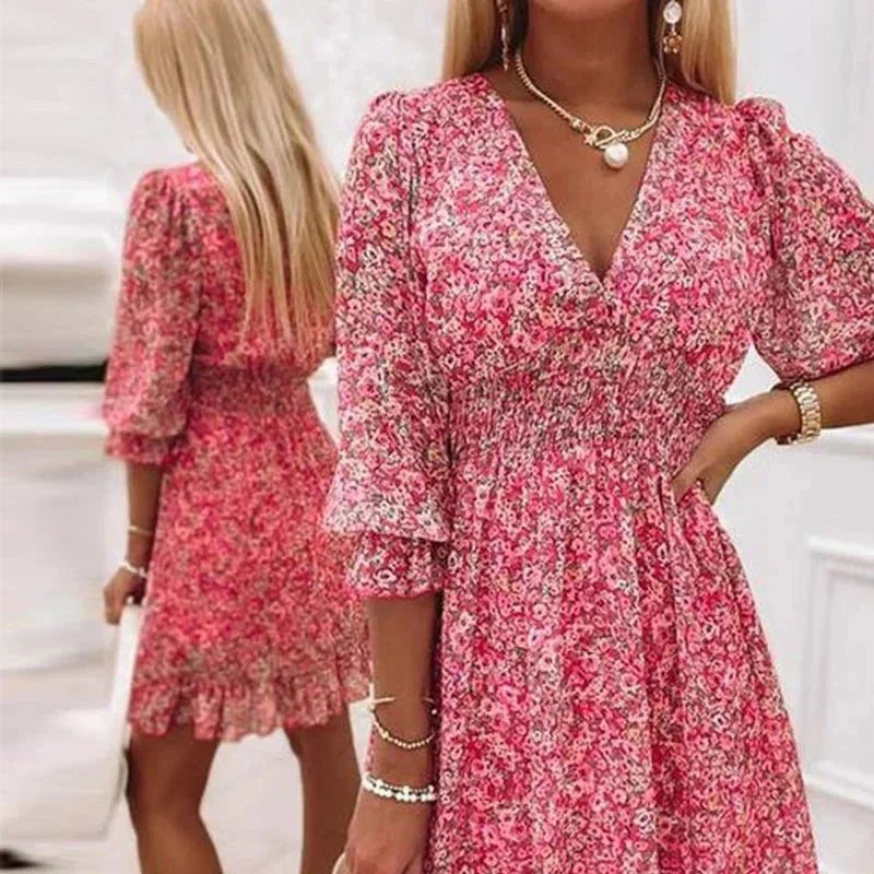 Robe Courte Florale Col V Manches Évasées 3 Coloris | ROBEMODE
