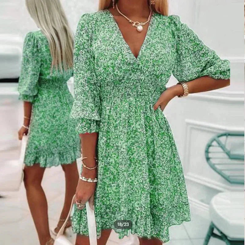 Robe Courte Florale Col V Manches Évasées 3 Coloris | ROBEMODE