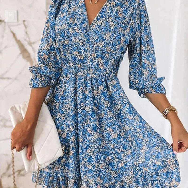 Robe Courte Florale Col V Manches Évasées 3 Coloris | ROBEMODE