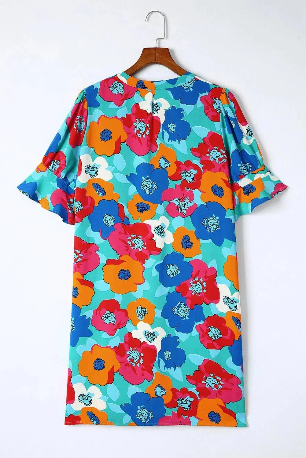 Robe courte femme imprimée fleurs col V manches 3/4 | ROBEMODE