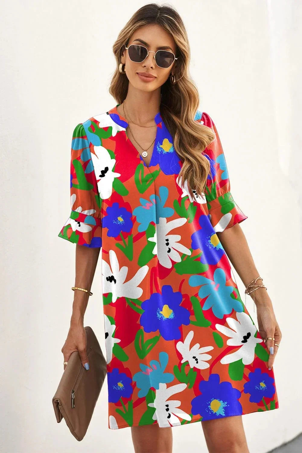 Robe courte femme imprimée fleurs col V manches 3/4 | ROBEMODE