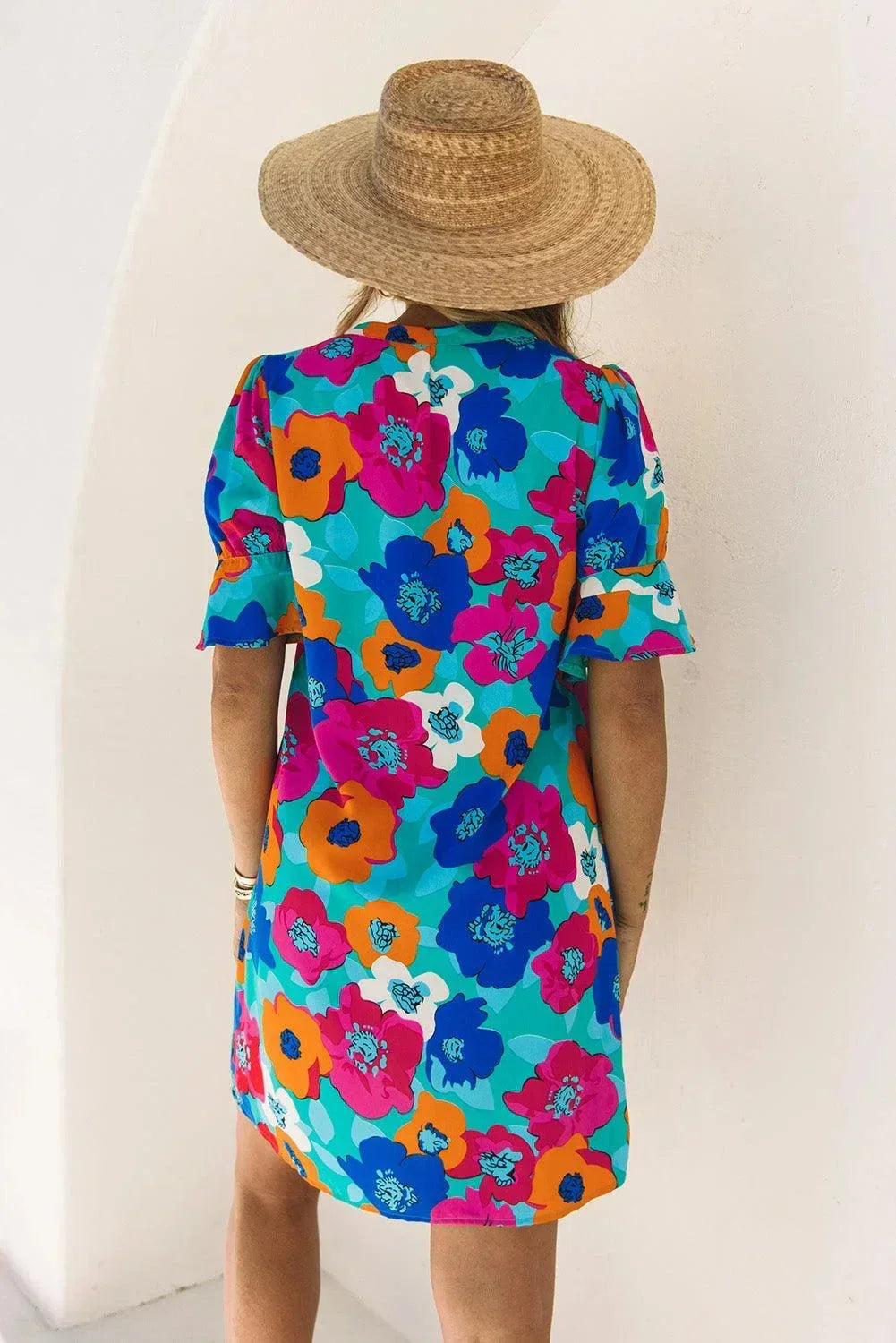 Robe courte femme imprimée fleurs col V manches 3/4 | ROBEMODE