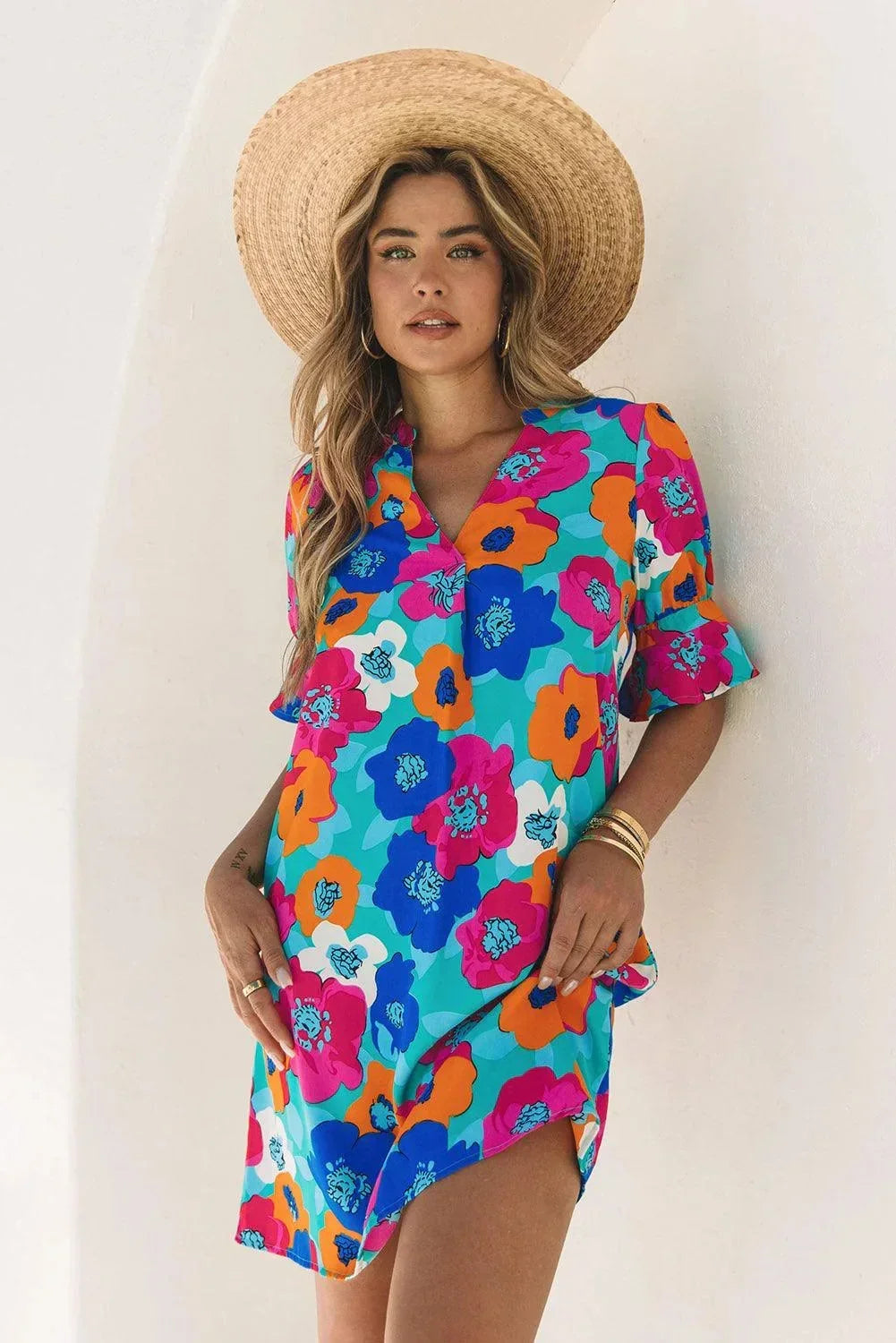 Robe courte femme imprimée fleurs col V manches 3/4 | ROBEMODE