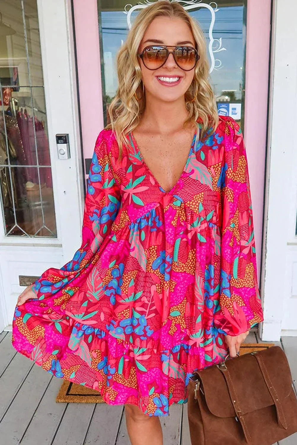 Robe courte femme imprimée manches longues rose vif | ROBEMODE